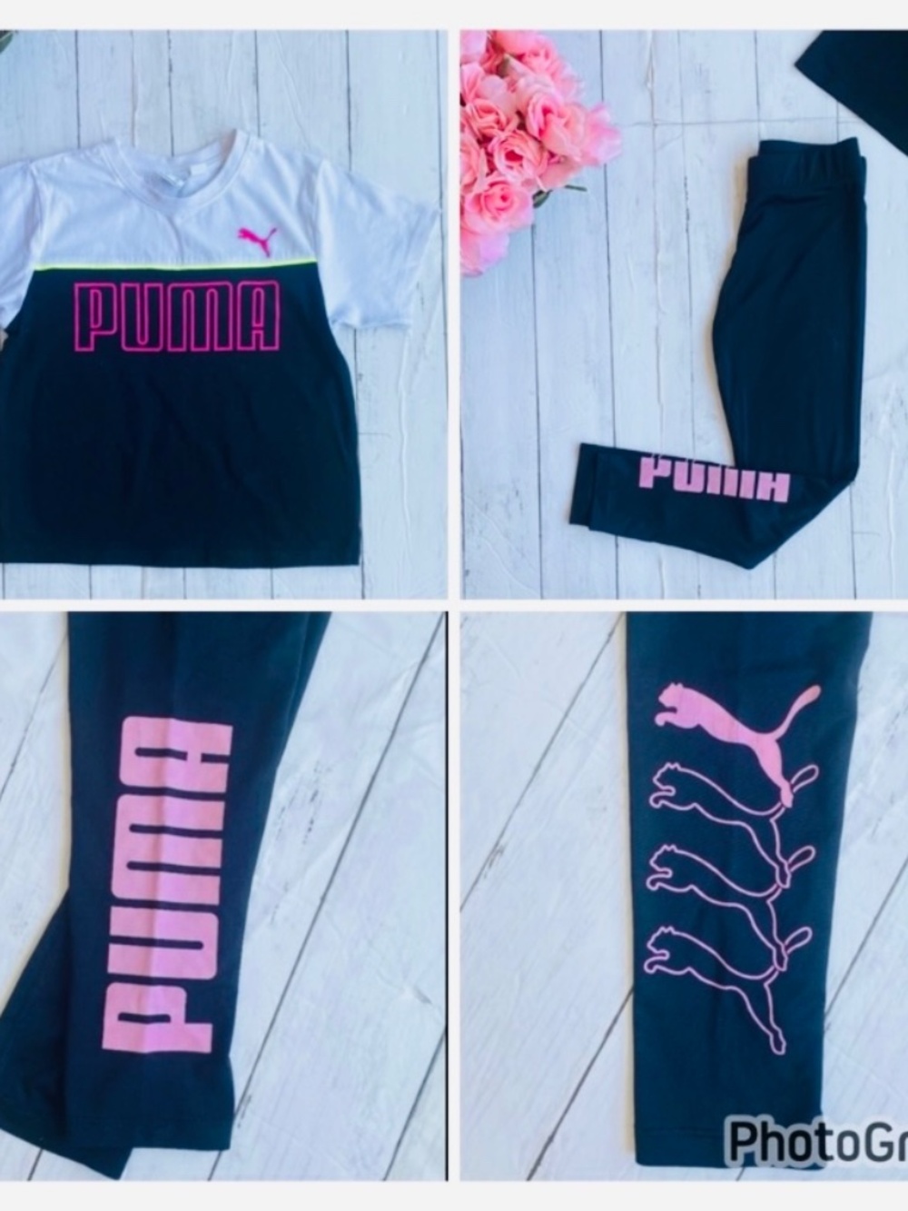 PUMA Black & White Colorblock Tee with Pink Branding and Black Leggings